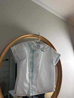 Anvy Kids Toddler Boy White Pique Short Sleeve Shirt with Aqua Check Trim 4T